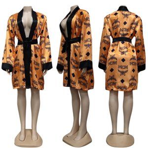 YS24 MCM Inspired Gold Printed Satin Robe
